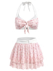 [Prévente] Ensemble Bikini en Mousseline Dos-Nu à Volants Petites Fleurs Rose Années 1950 2