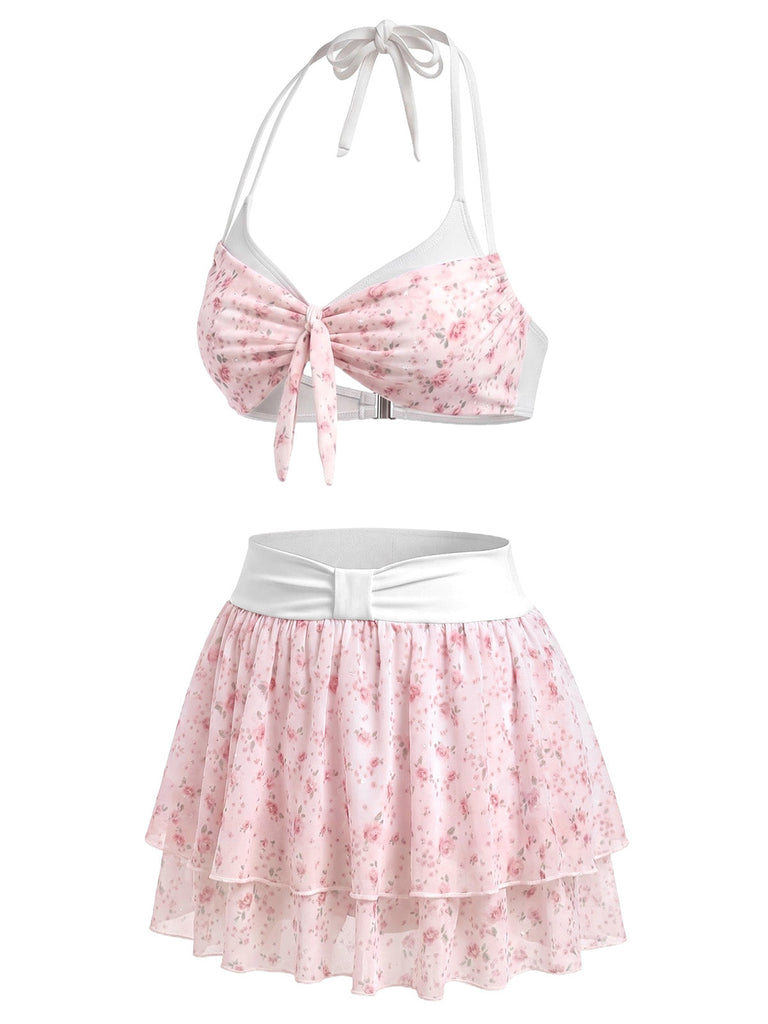 [Prévente] Ensemble Bikini en Mousseline Dos-Nu à Volants Petites Fleurs Rose Années 1950 3