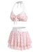 [Prévente] Ensemble Bikini en Mousseline Dos-Nu à Volants Petites Fleurs Rose Années 1950 3