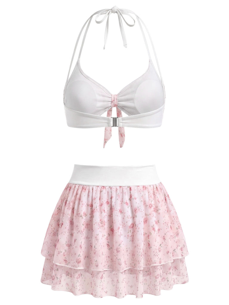 [Prévente] Ensemble Bikini en Mousseline Dos-Nu à Volants Petites Fleurs Rose Années 1950 4