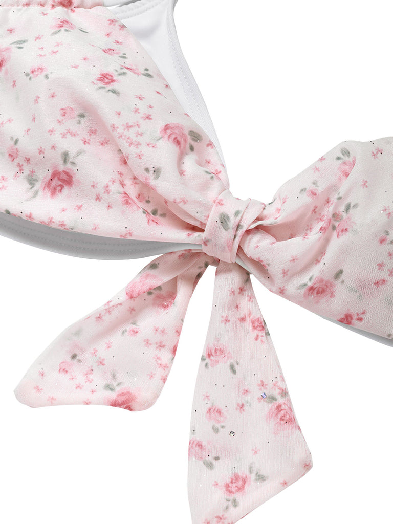 [Prévente] Ensemble Bikini en Mousseline Dos-Nu à Volants Petites Fleurs Rose Années 1950 7