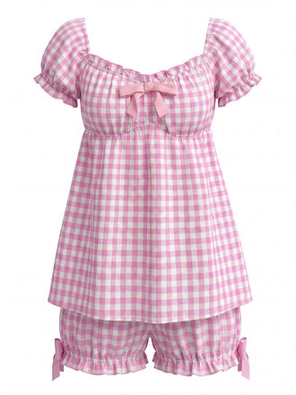 Ensemble Pyjama Vichy à Volants et Nœud Rose Années 1960