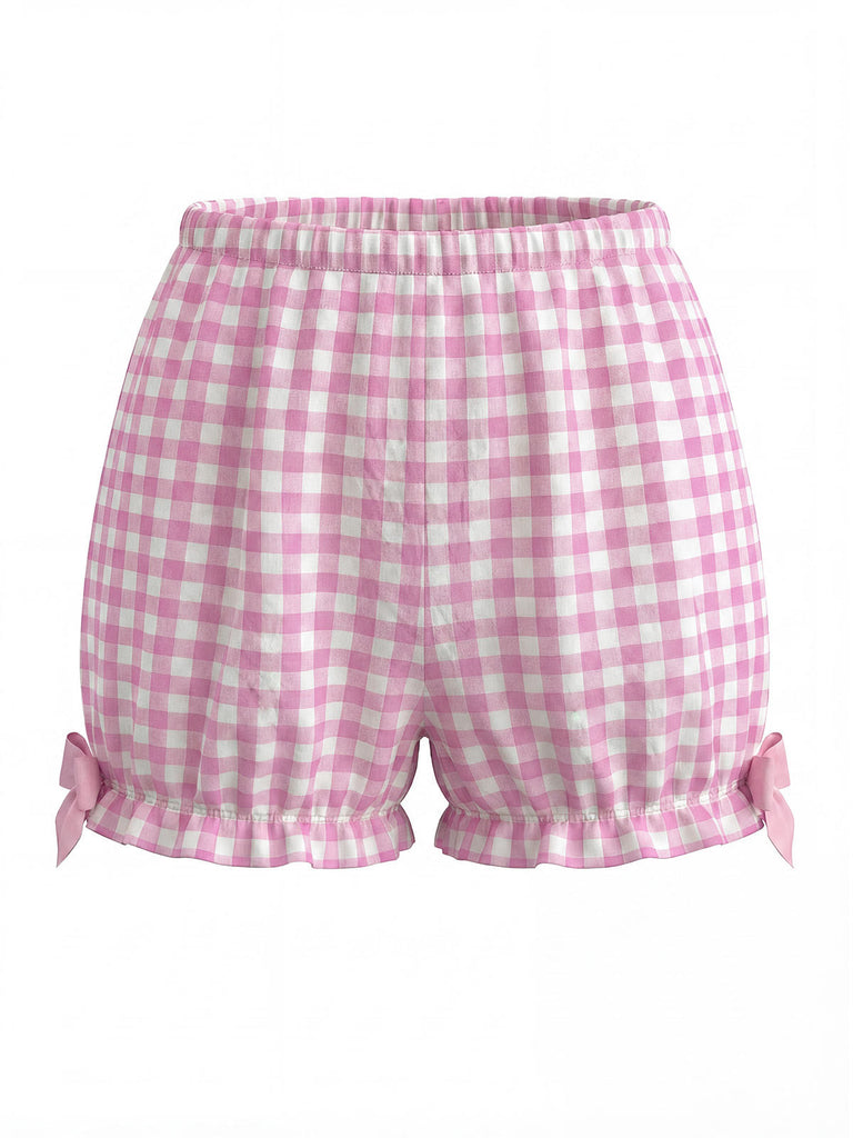 Ensemble Pyjama Vichy à Volants et Nœud Rose Années 1960