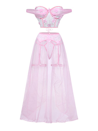 Ensemble Pyjama Florale Dentelle Épaules Dénudées Rose Années 1960 2