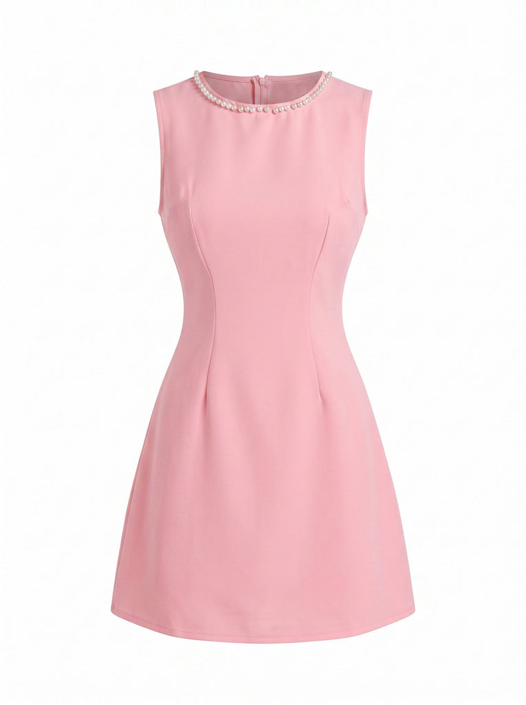Robe Ligne A Sans Manches Col Rond avec Perles Rose Années 60
