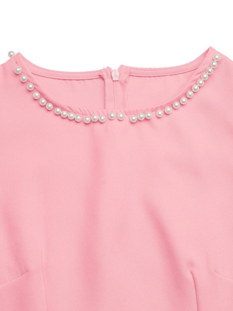 Robe Ligne A Sans Manches Col Rond avec Perles Rose Années 60