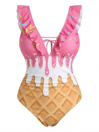 Maillot de Bain à Volants Dos Noué Imprimé Glace Rose Années 1970