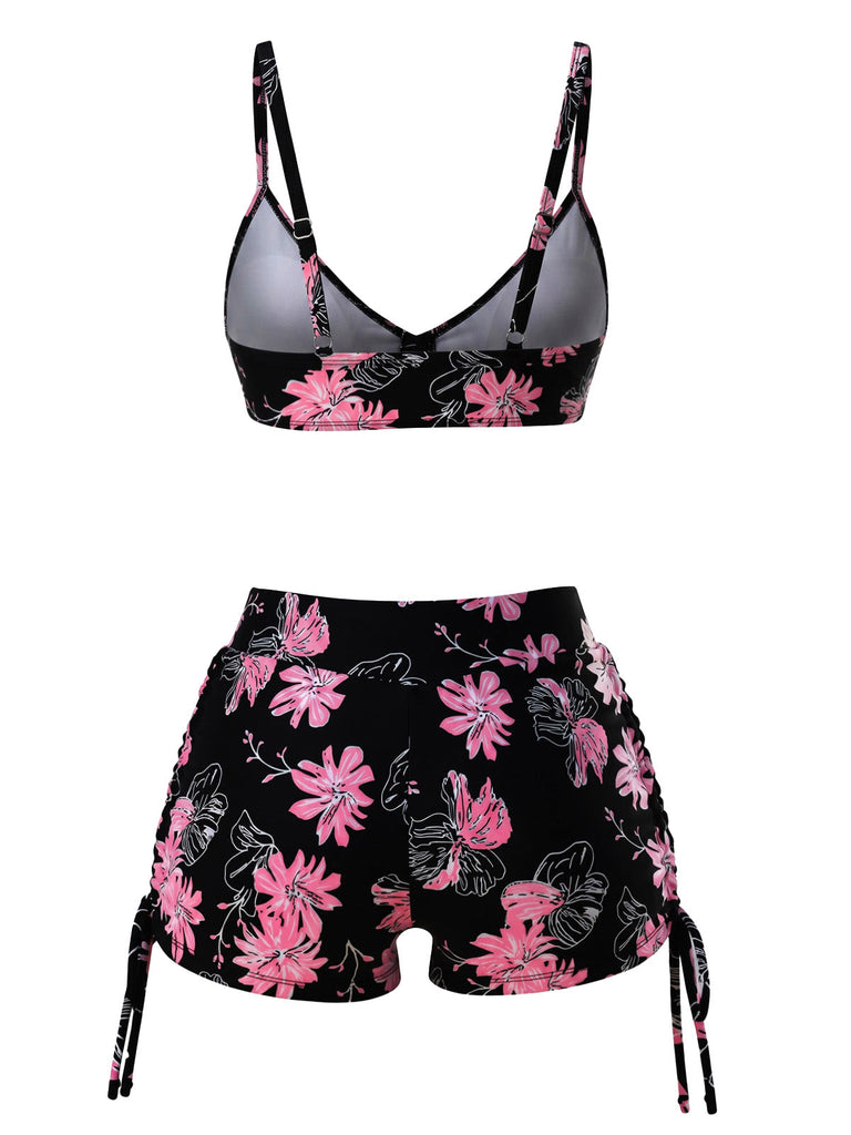 Florale Imprimée Cordon Ensemble Bikini Noir & Rose Années 1940 3