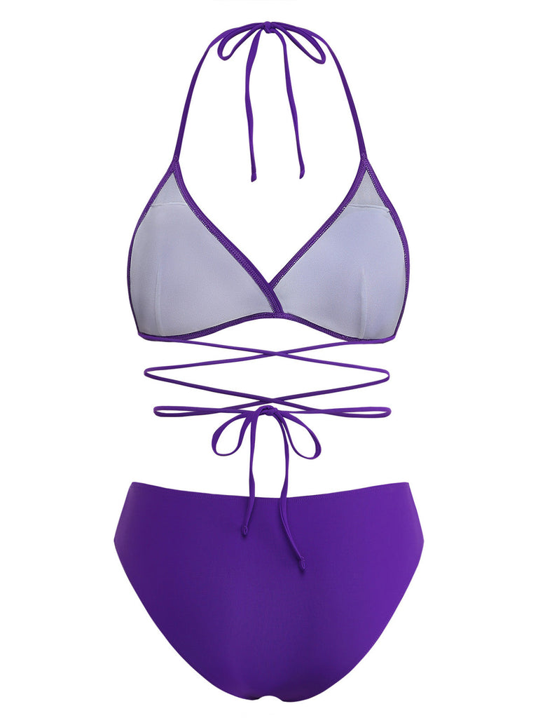 Ensemble Bikini Halter Lacé Uni Violet Années 80