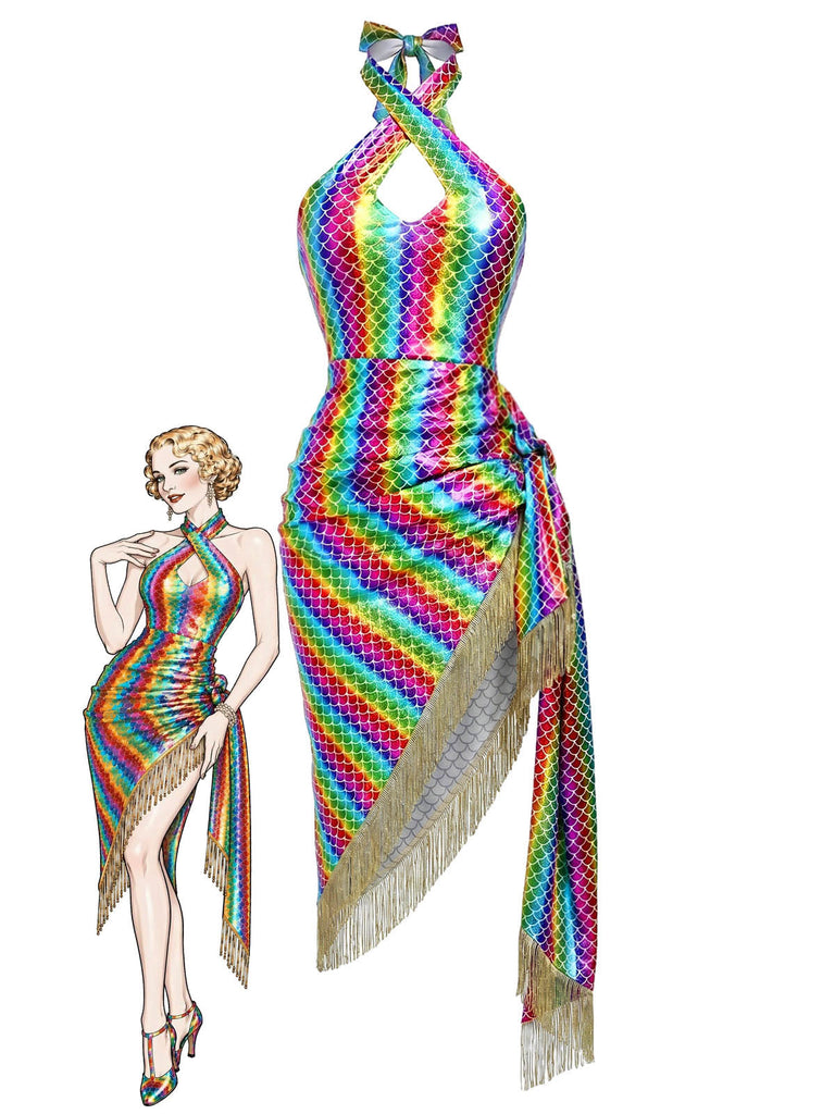 [Prévente] Robe Moulante Sirène Halter Métallisée à Franges Arc-en-ciel Années 80