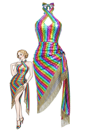 [Prévente] Robe Moulante Sirène Halter Métallisée à Franges Arc-en-ciel Années 80