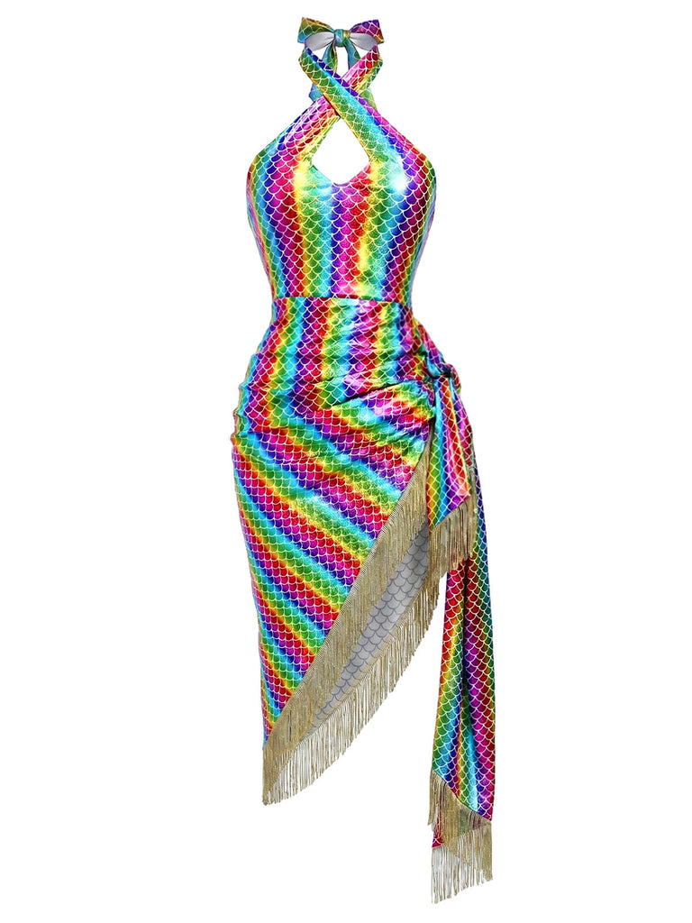 [Prévente] Robe Moulante Sirène Halter Métallisée à Franges Arc-en-ciel Années 80