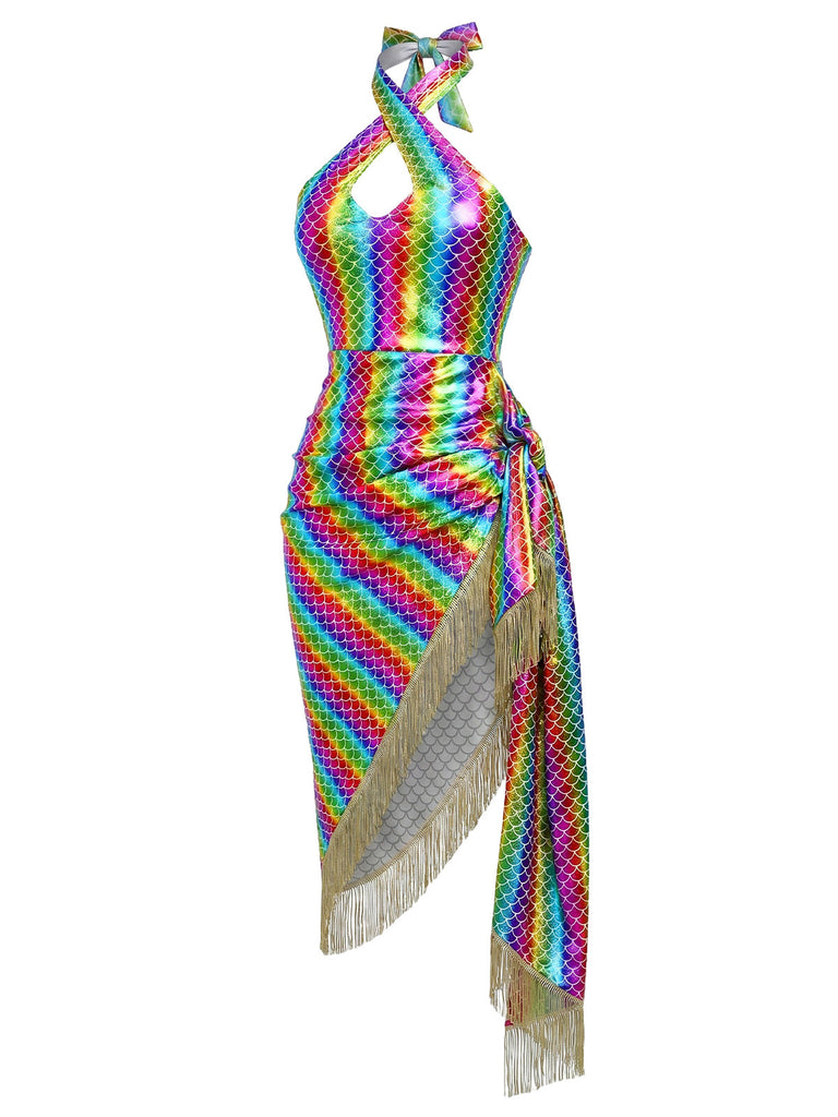 [Prévente] Robe Moulante Sirène Halter Métallisée à Franges Arc-en-ciel Années 80