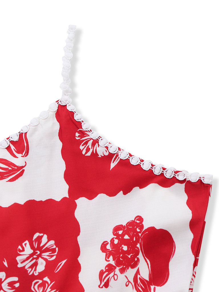 Red-1930s-Plaid-Floral-Fruit-Print-Spaghetti-Strap-Dress-Strap-Detail