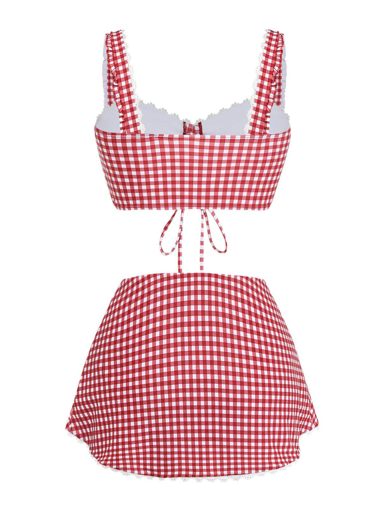 Red and white checkered two-piece swimsuit on a white background