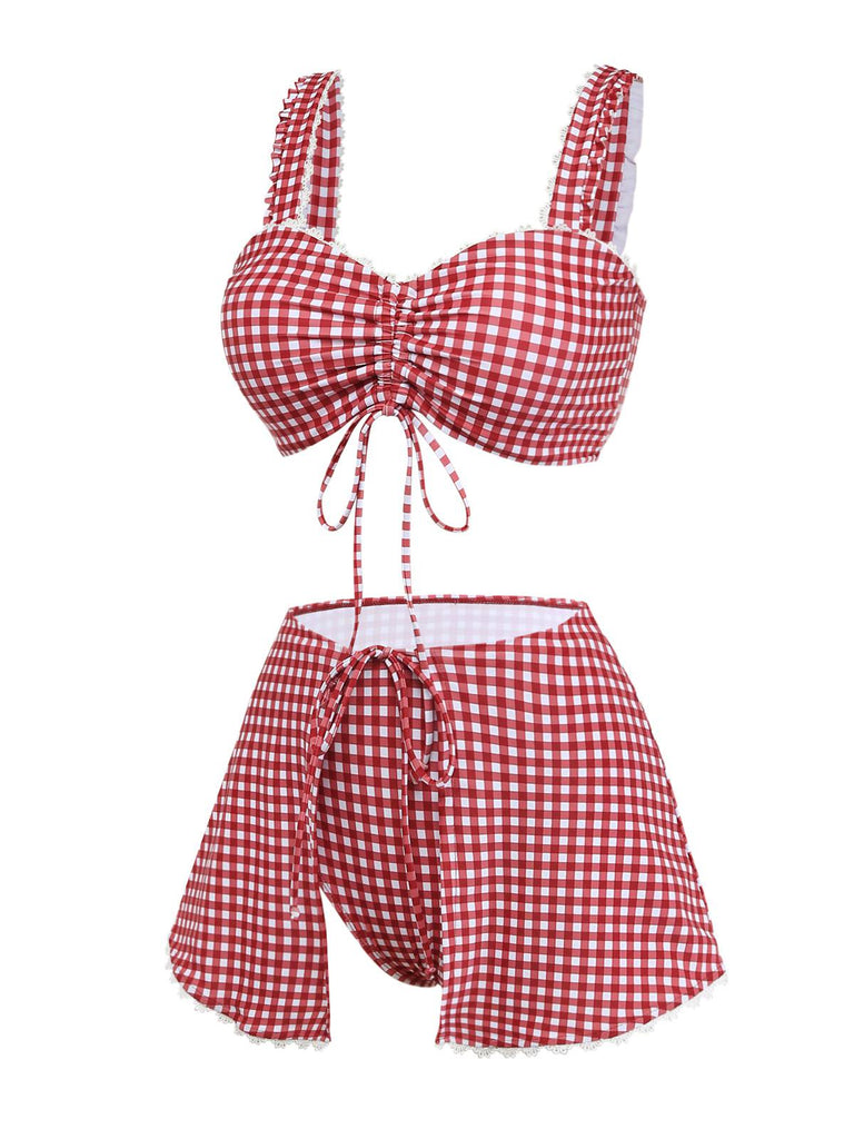 Red and white checkered bikini set on a white background