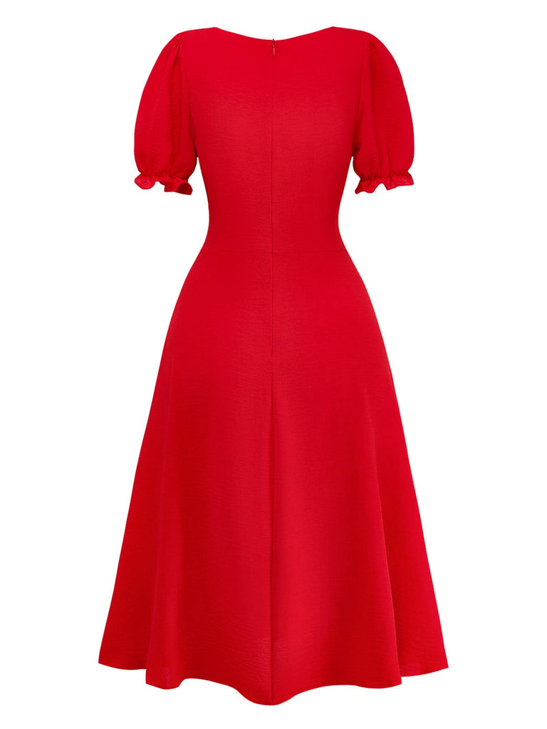 Red-1940s-Solid-Empire-Waist-Dress-back-view