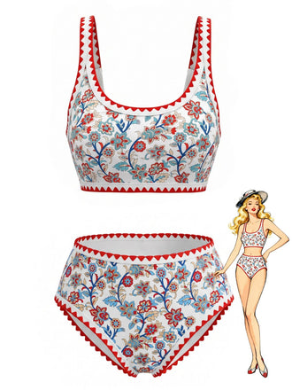 Ensemble Tankini Col U Floral Bordure Zigzag Rouge Années 1950