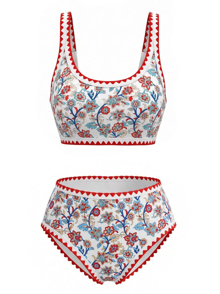 Ensemble Tankini Col U Floral Bordure Zigzag Rouge Années 1950 2