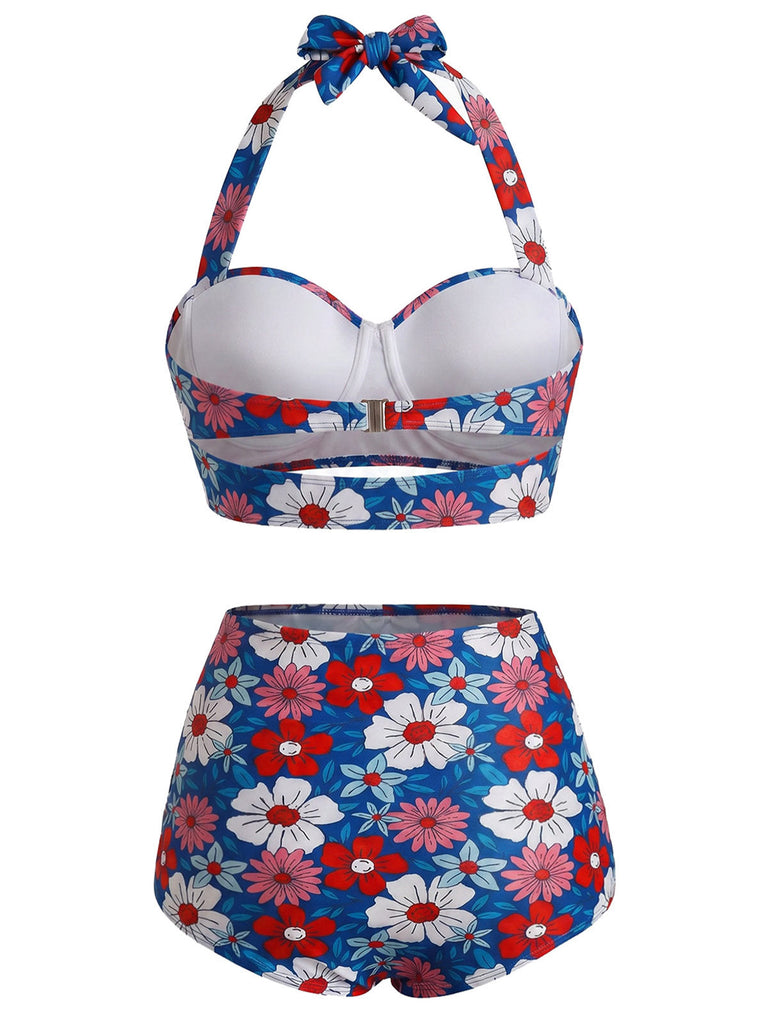 [Prévente] Florale Dos-Nu Ensemble Bikini Rouge & Bleu & Blanc Années 1950 3