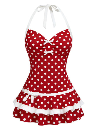 Red 1940s Polka Dot Halter Bow One-Piece Swimdress front view