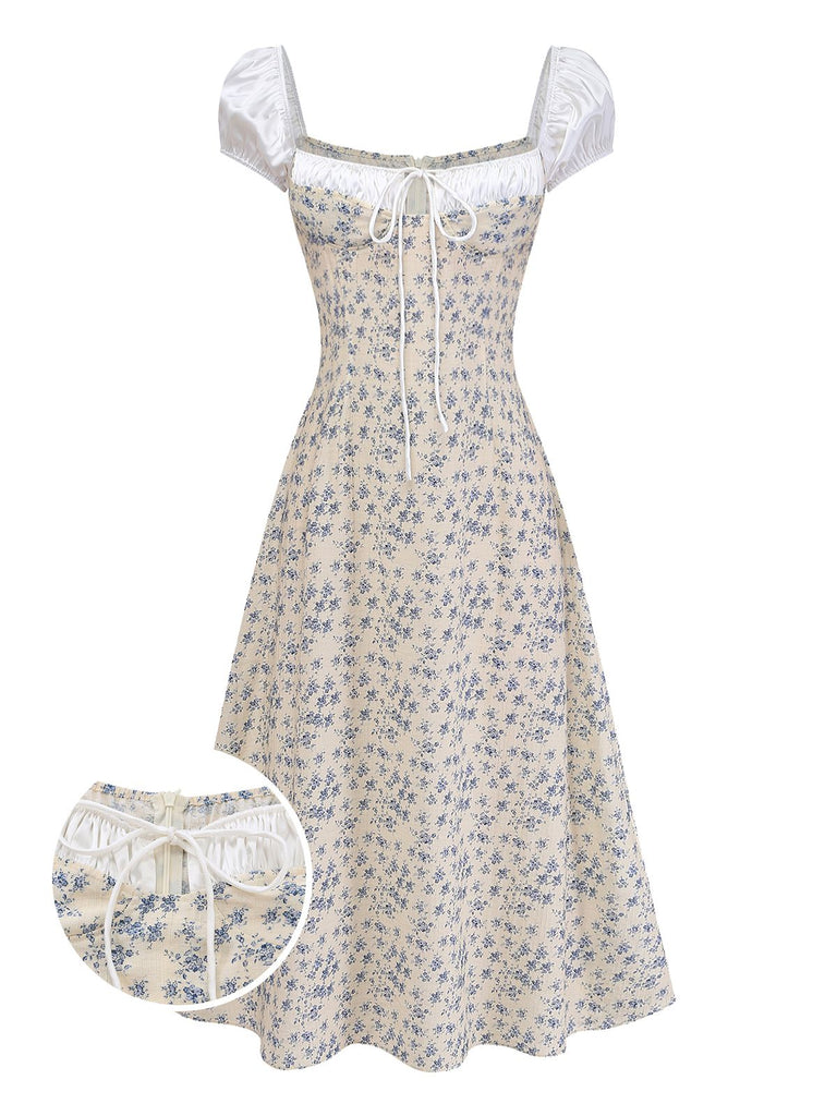[Prévente] Robe Bleu Fleurie Dentelle Nœud Années 1940