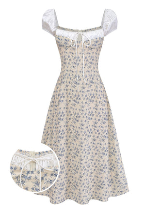 [Prévente] Robe Bleu Fleurie Dentelle Nœud Années 1940