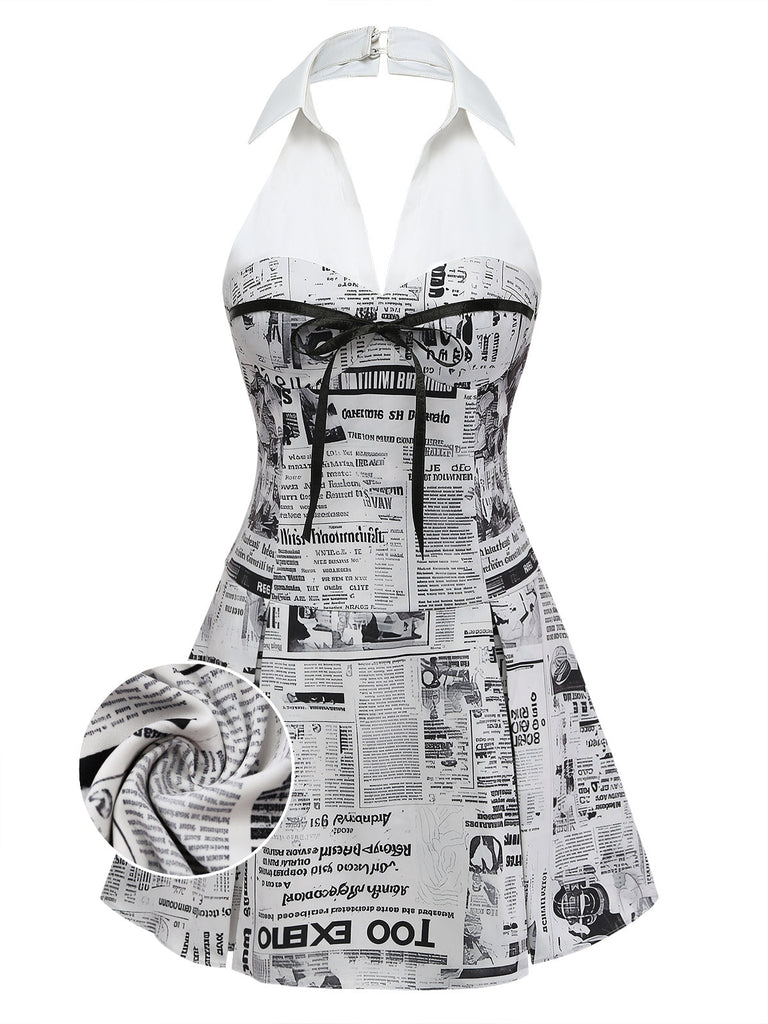 Robe Gris Imprimé Journal Halter Col V