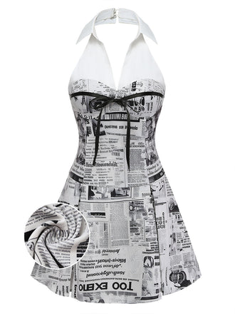 Robe Gris Imprimé Journal Halter Col V