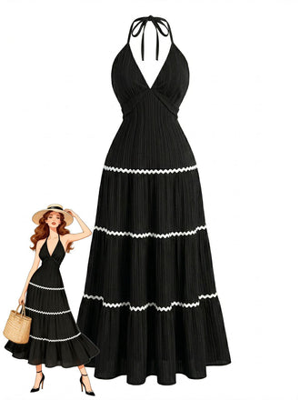 Noir Halter Dos Nu Blocs de Couleur Robe Longue Années 1930