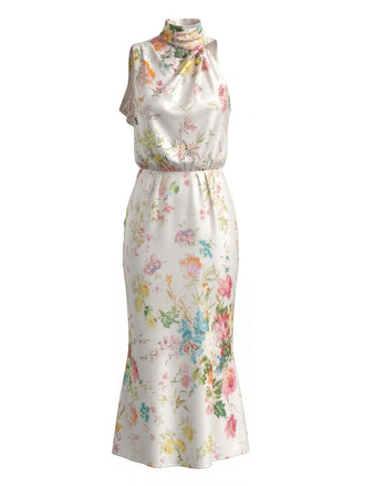 Robe Sirène Col Montant Floral Satin Aquarelle Années 1930