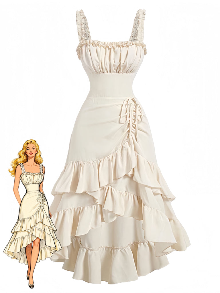 Robe à bretelles beige unie à ourlet volanté, style années 80, charme vintage, idéale pour les passionnées de mode vintage.