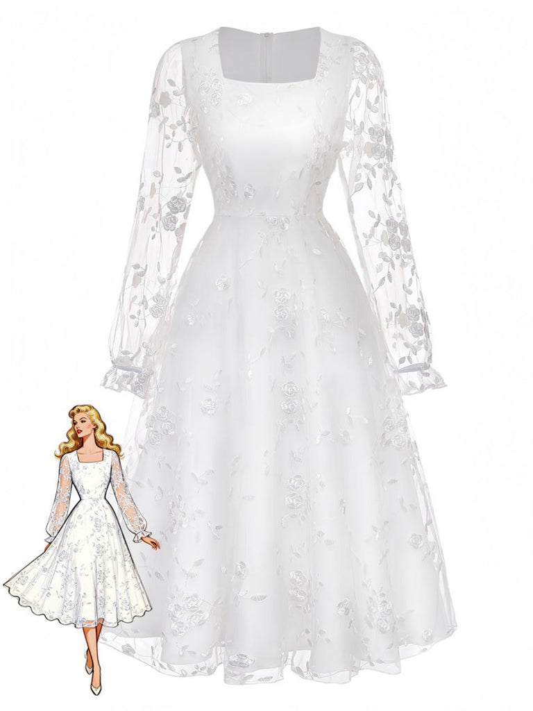 Robe blanche col carré dentelle brodée florale années 1950