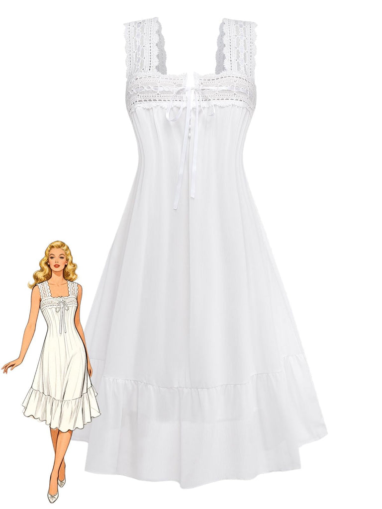 Robe blanche des années 1940, patchwork de dentelle unie, à nouer sur le devant. Un modèle intemporel, parfait pour les passionnées de mode vintage.