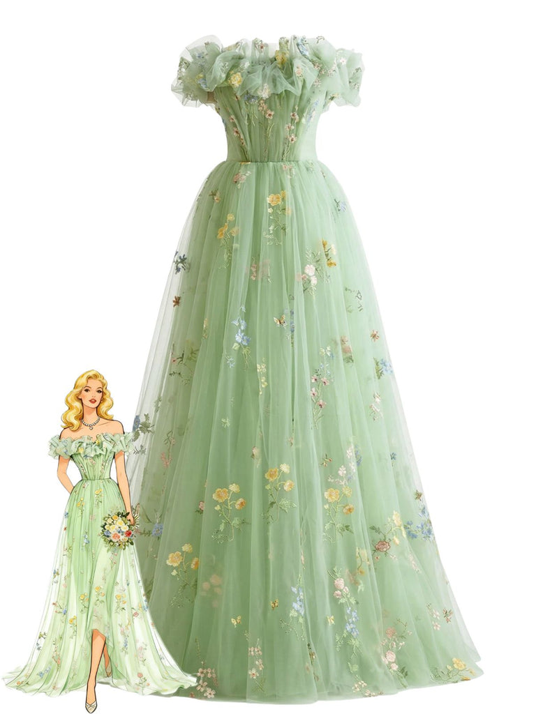 Robe bustier résille brodée fleurs verte années 30