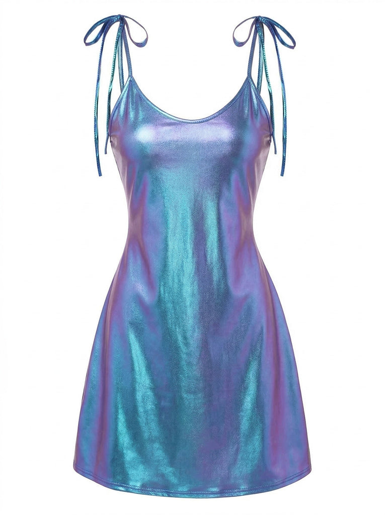 Blue 1970s Patent Leather Spaghetti Strap Mini Dress - vintage dress, retro fashion