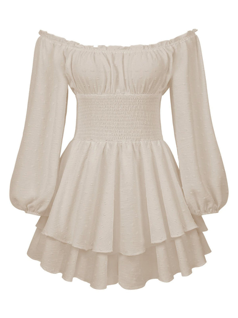 Robe courte unie épaules nues manches longues froncées 1950s