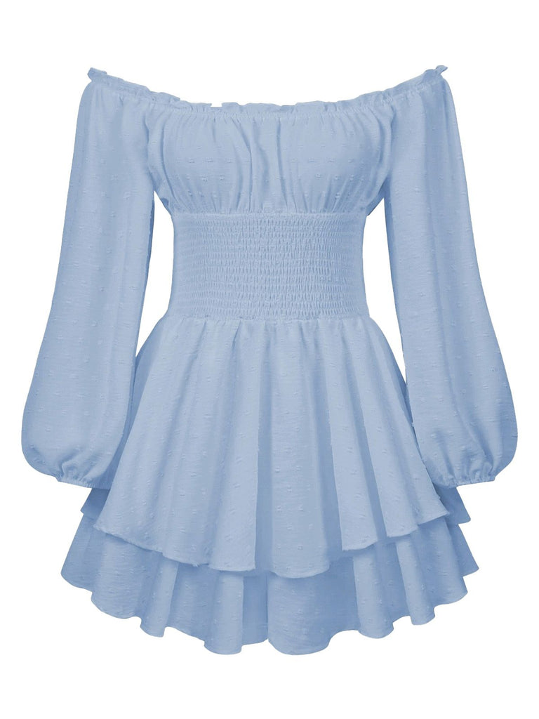 Robe courte unie épaules nues manches longues froncées 1950s