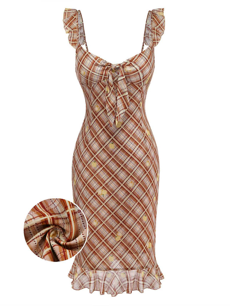  Robe crayon marron clair à carreaux citron volant 1960s