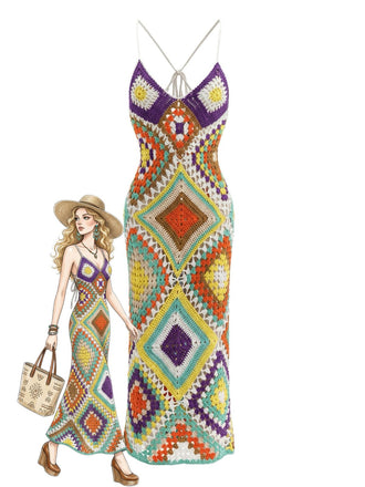 Robe paréo crochet main imprimé irrégulier bohème 1980s