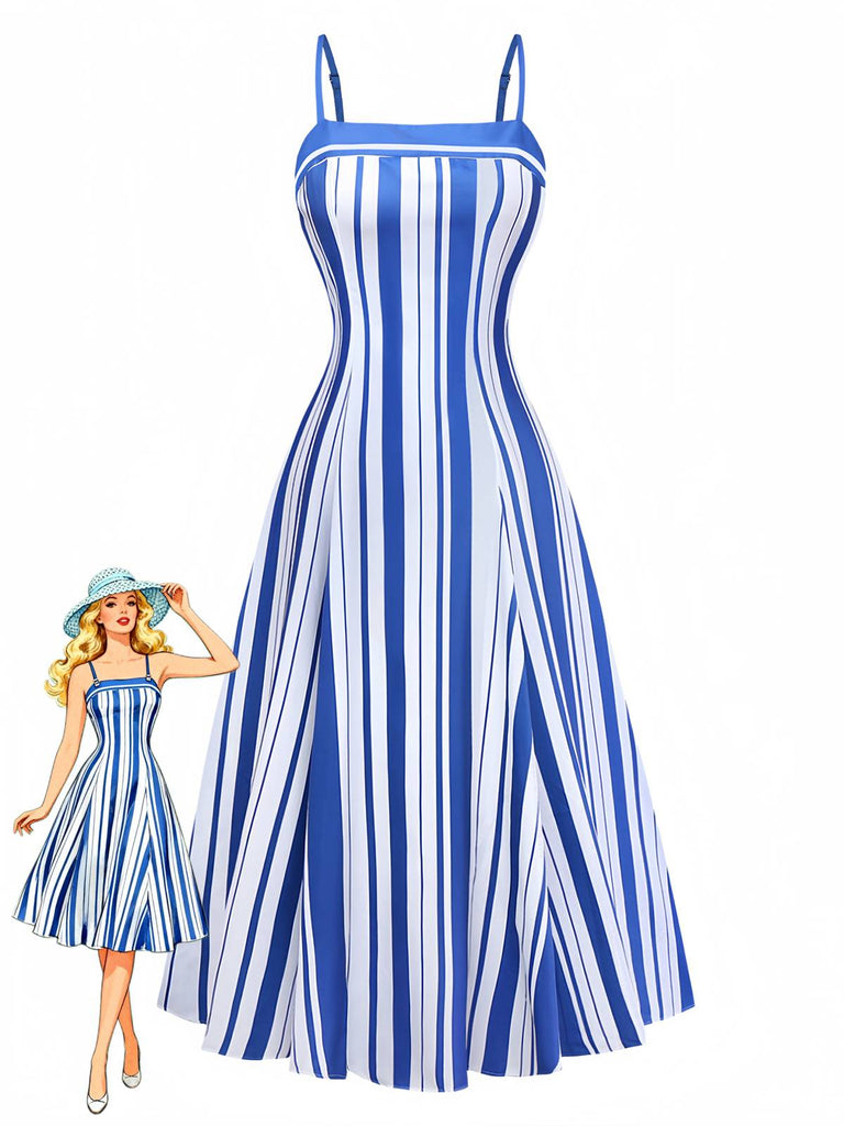 Robe midi à fines bretelles rayée bleue et blanche style années 50