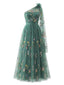 Robe longue tulle vert brodé fleurs asymétrique années 1930