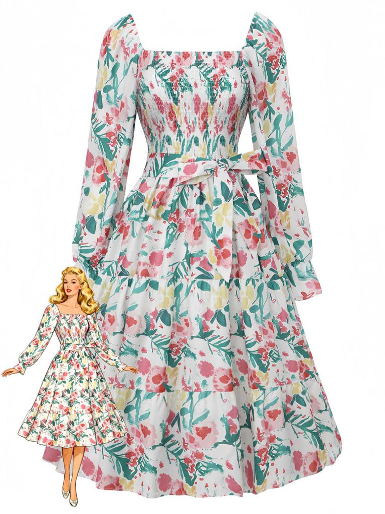 Robe manches cloche col carré lacets fleuris 1940s