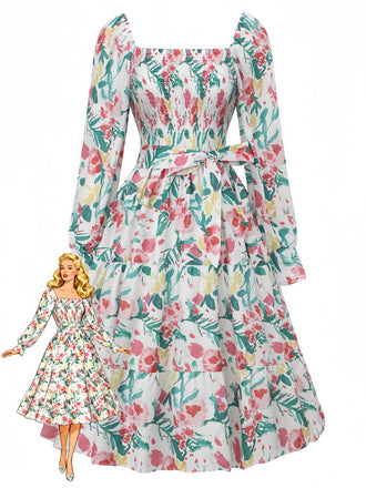 Robe manches cloche col carré lacets fleuris 1940s