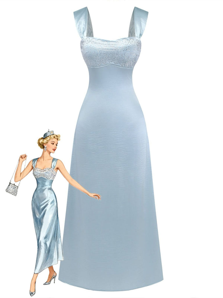 Robe bleue claire maxi satin bretelles larges strass 1930s