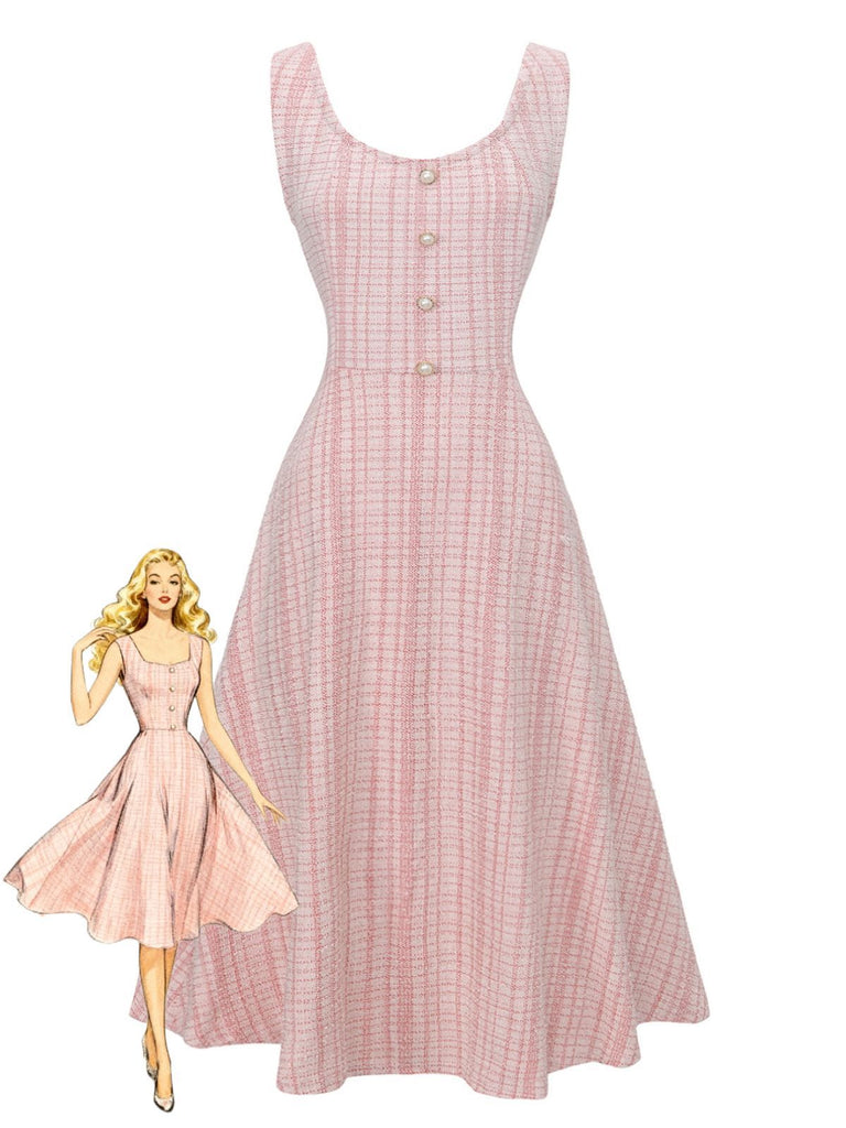 Robe midi rose en tweed et boutonnée 1940s