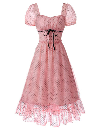 Robe rose pois col carré volants résille 1950s
