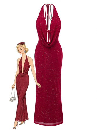 Robe maxi fendue licou pailletée dos nu col cowl 1980s