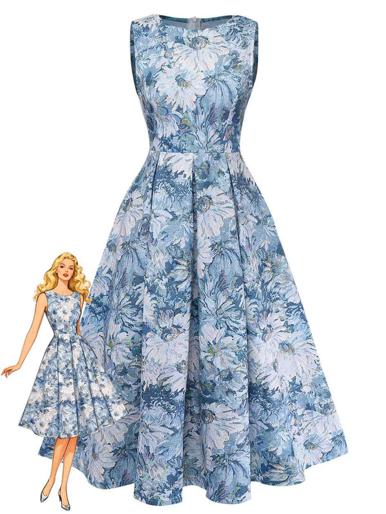 Robe bleue à fleurs portée par une poupée Barbie sur fond blanc