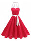 Robe swing ceinturée col halter à pois années 50